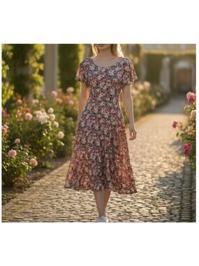 Vintage 90s Floral Midi Dress Cottagecore Grunge Rose Print Tie Back M